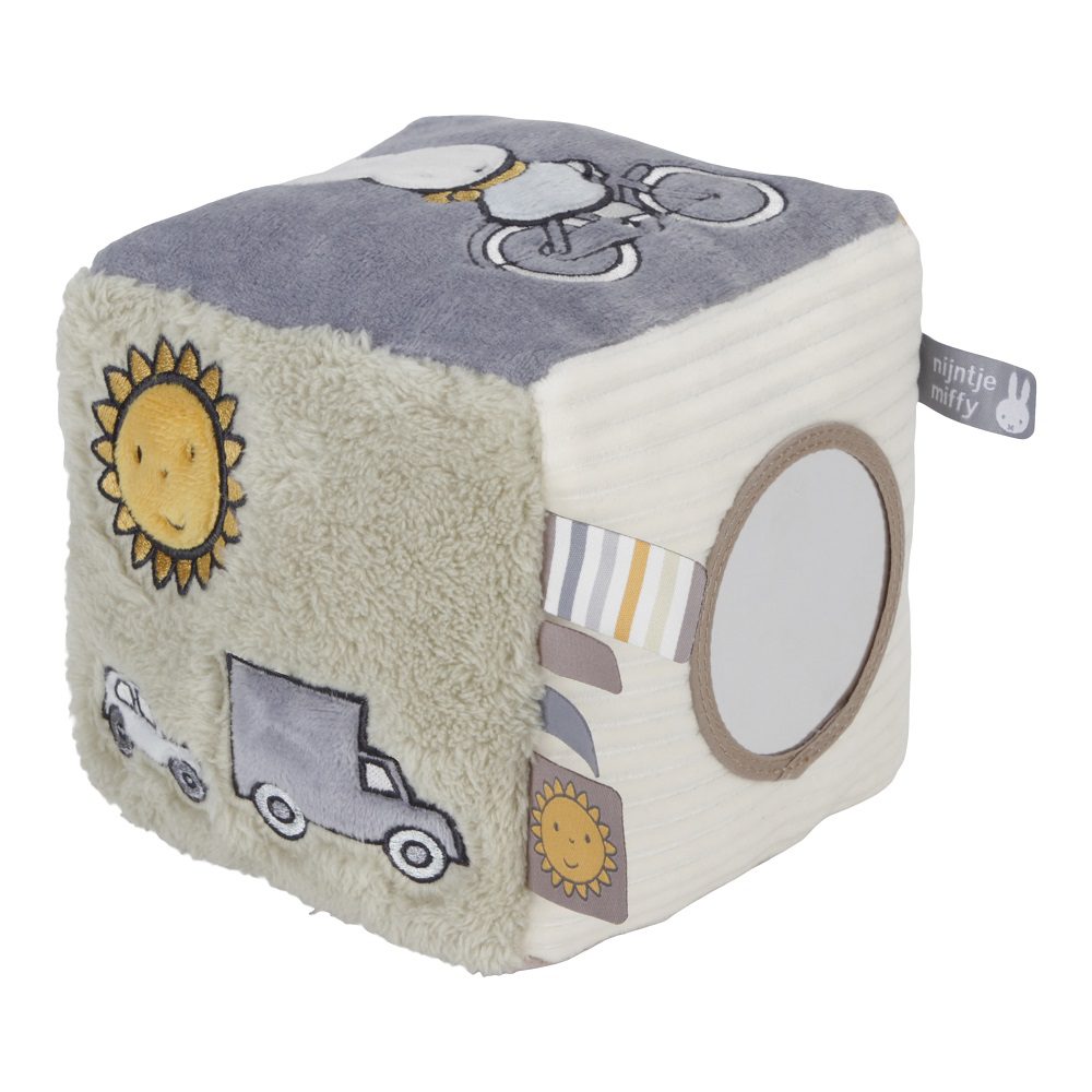 Tiamo Cubo Attività Miffy In Tessuto - Morbido Gioco Sensoriale Per Neonati, Rosa, 15x15x15 Cm, Con Specchio E Campanella, Dalla Nascita